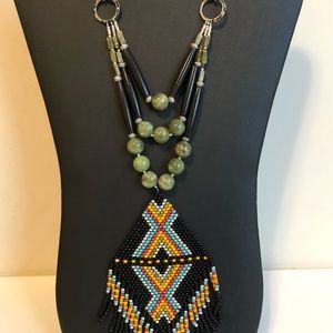 Jade and hairpipe Beaded fringed pendant,  handmade choker necklace